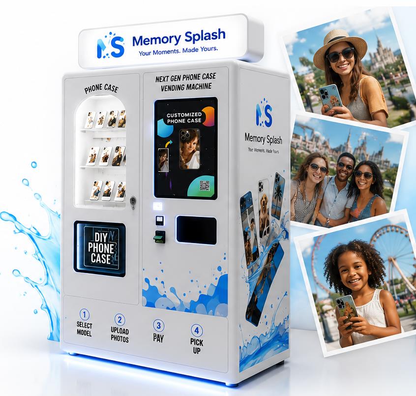 A family using a Memory Splash kiosk in a resort lobby.