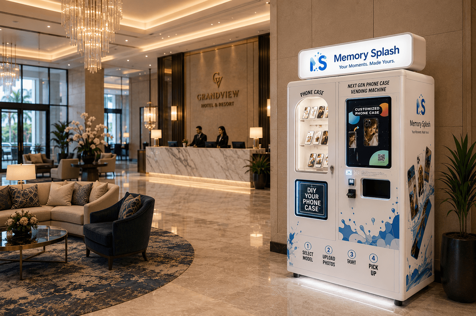 Memory Splash personalization kiosk in a premium hotel lobby