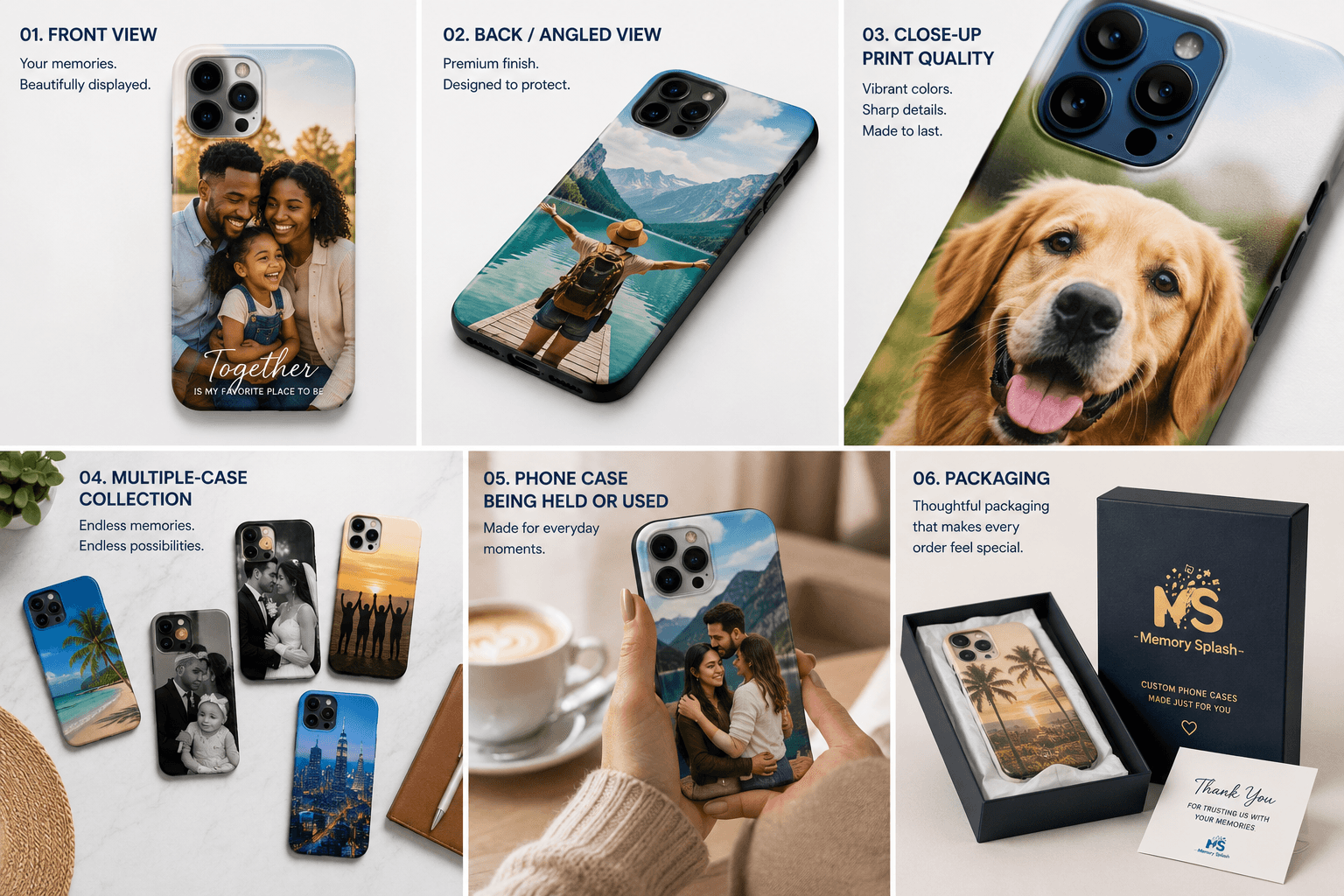 Collection showing multiple personalized phone case views and premium packaging
