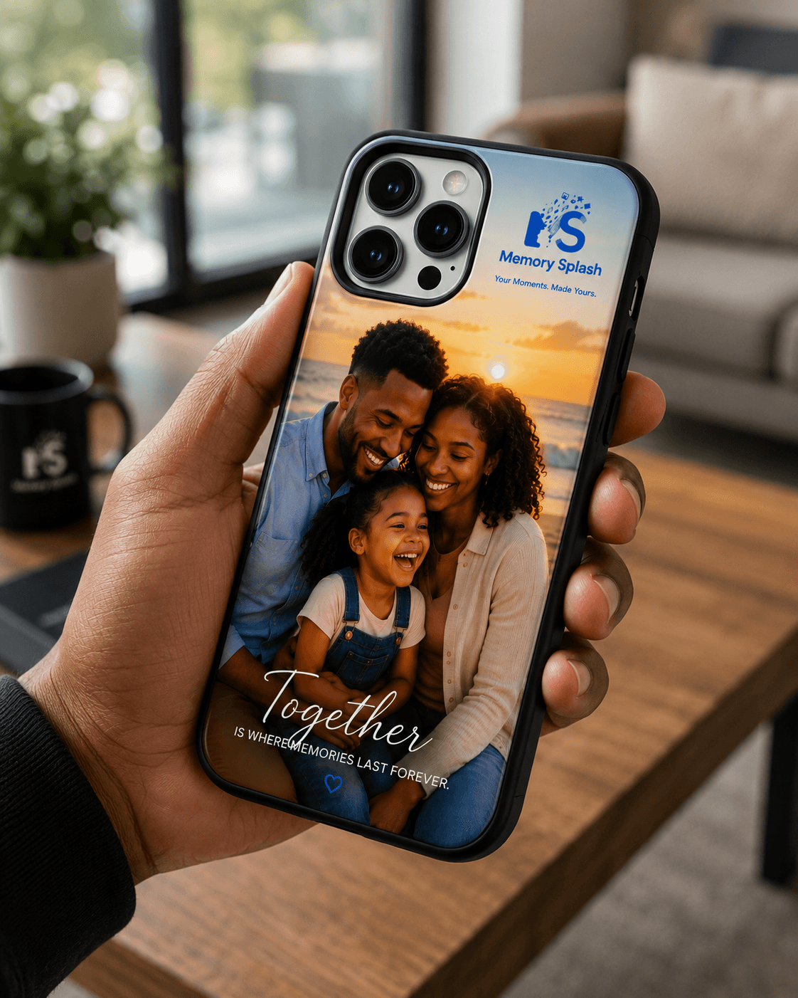 Personalized family phone case held naturally in everyday life