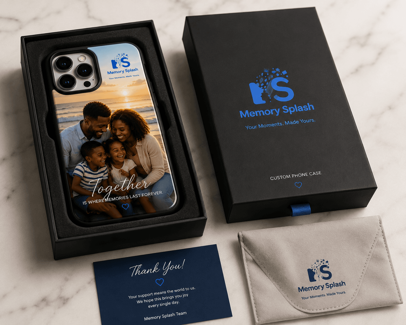 Premium Memory Splash gift box, personalized case, and thank-you card