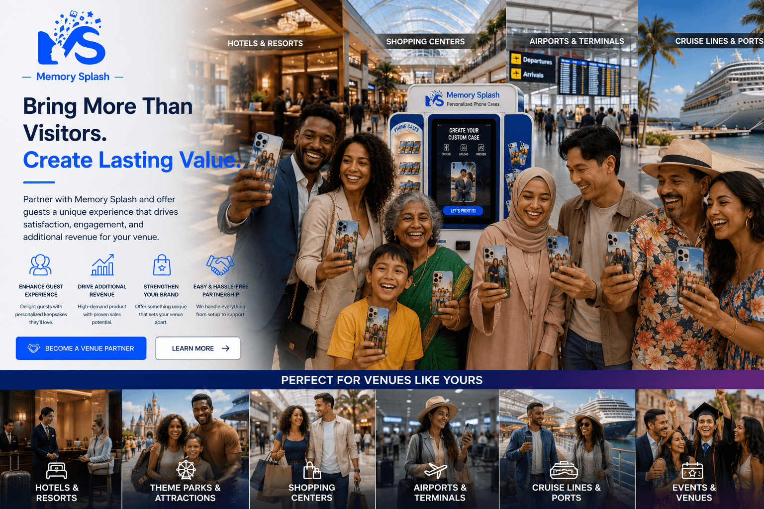Memory Splash kiosk serving diverse guests across hotels, shopping centers, airports, and cruise destinations