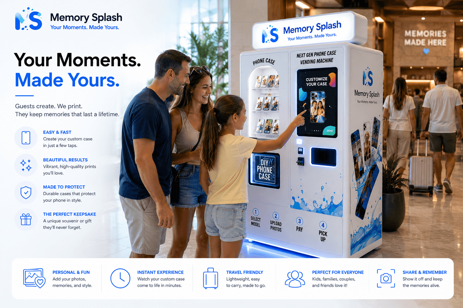 Family creating a personalized phone case at a Memory Splash hotel kiosk