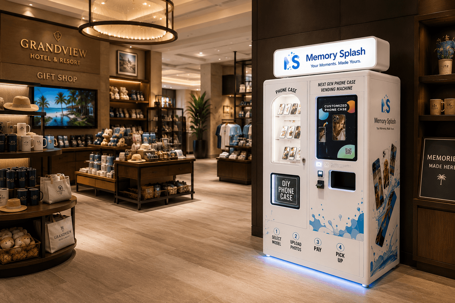 Memory Splash kiosk placed beside a luxury hotel gift shop