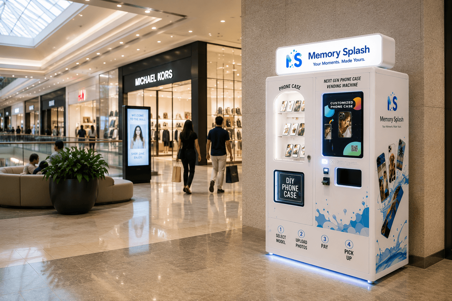 Memory Splash kiosk positioned in a premium shopping mall