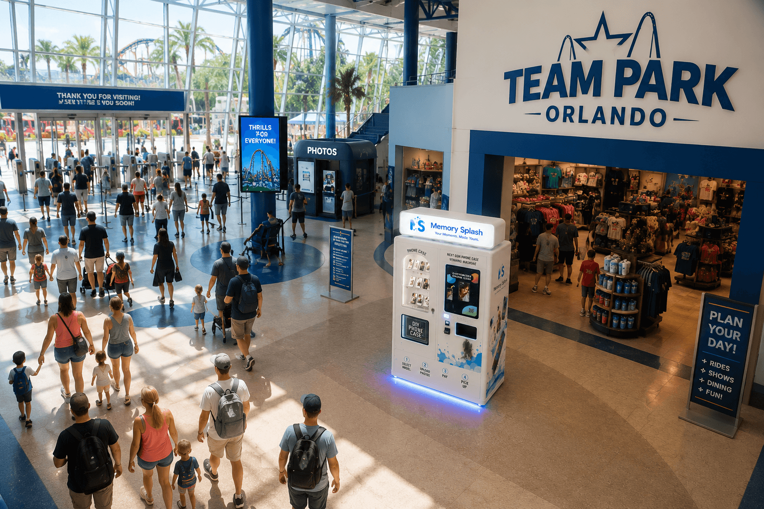 Memory Splash kiosk integrated into a busy theme park entrance and retail area